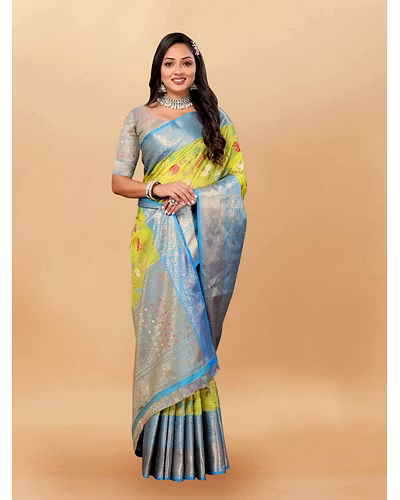 Soft Cotton Saree with Meenakari, Rich Zari Pallu, Contrast Border, Silk Weaving Blouse-Pista-1
