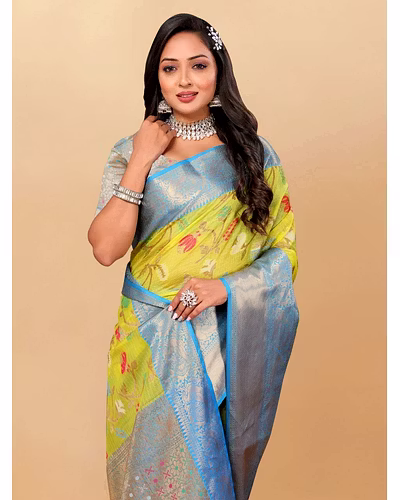 Soft Cotton Saree with Meenakari, Rich Zari Pallu, Contrast Border, Silk Weaving Blouse-Pista-2