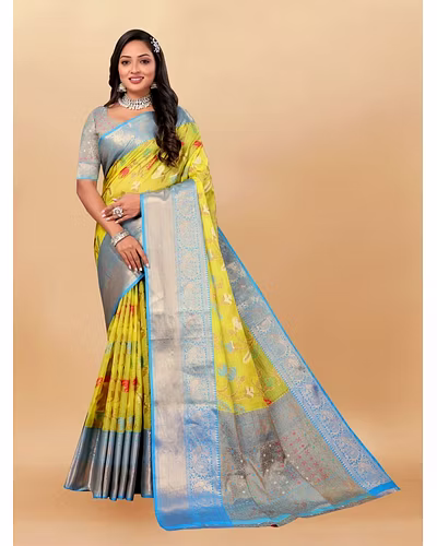 Soft Cotton Saree with Meenakari, Rich Zari Pallu, Contrast Border, Silk Weaving Blouse-Pista-3