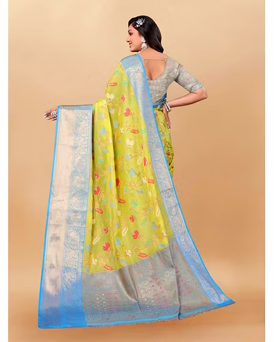 Soft Cotton Saree with Meenakari, Rich Zari Pallu, Contrast Border, Silk Weaving Blouse-Pista-4