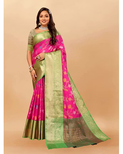 Soft Cotton Saree with Meenakari, Rich Zari Pallu, Contrast Border, Silk Weaving Blouse-RMNX-283-Pink