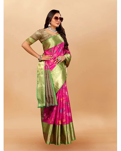 Soft Cotton Saree with Meenakari, Rich Zari Pallu, Contrast Border, Silk Weaving Blouse-Pink-1