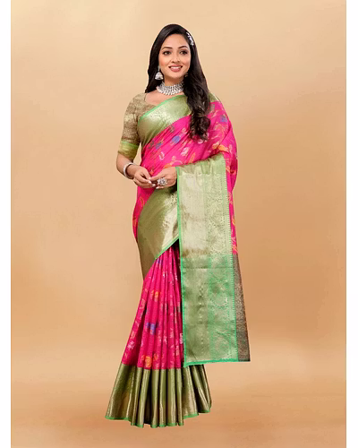 Soft Cotton Saree with Meenakari, Rich Zari Pallu, Contrast Border, Silk Weaving Blouse-Pink-2