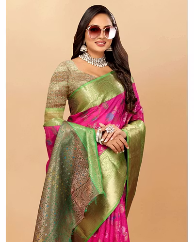 Soft Cotton Saree with Meenakari, Rich Zari Pallu, Contrast Border, Silk Weaving Blouse-Pink-3