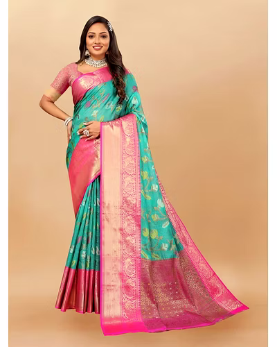 Soft Cotton Saree with Meenakari, Rich Zari Pallu, Contrast Border, Silk Weaving Blouse-RMNX-283-Firozi