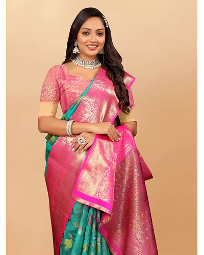 Soft Cotton Saree with Meenakari, Rich Zari Pallu, Contrast Border, Silk Weaving Blouse-Firozi-2