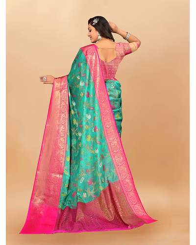 Soft Cotton Saree with Meenakari, Rich Zari Pallu, Contrast Border, Silk Weaving Blouse-Firozi-3
