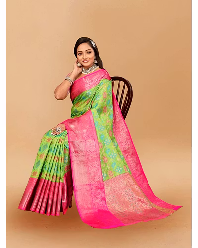 Soft Cotton Saree with Meenakari, Rich Zari Pallu, Contrast Border, Silk Weaving Blouse-Pista-2