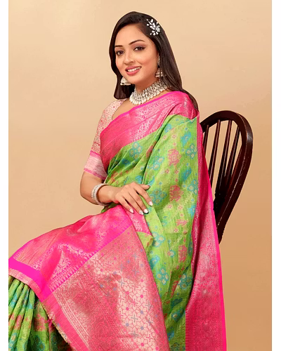 Soft Cotton Saree with Meenakari, Rich Zari Pallu, Contrast Border, Silk Weaving Blouse-Pista-3