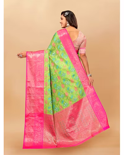 Soft Cotton Saree with Meenakari, Rich Zari Pallu, Contrast Border, Silk Weaving Blouse-Pista-4