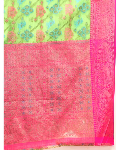 Soft Cotton Saree with Meenakari, Rich Zari Pallu, Contrast Border, Silk Weaving Blouse-Pista-5