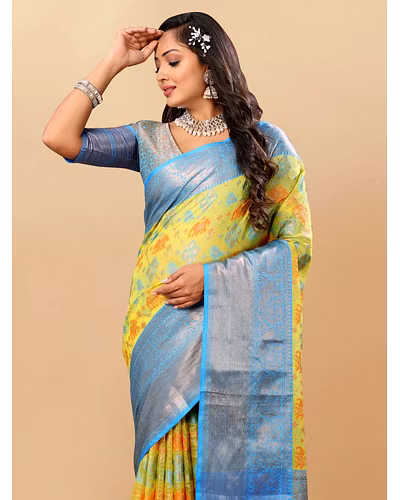 Soft Cotton Saree with Meenakari, Rich Zari Pallu, Contrast Border, Silk Weaving Blouse-Lemon-1