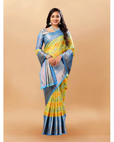 Soft Cotton Saree with Meenakari, Rich Zari Pallu, Contrast Border, Silk Weaving Blouse-Lemon-3