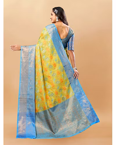 Soft Cotton Saree with Meenakari, Rich Zari Pallu, Contrast Border, Silk Weaving Blouse-Lemon-4