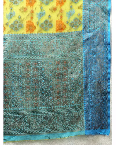 Soft Cotton Saree with Meenakari, Rich Zari Pallu, Contrast Border, Silk Weaving Blouse-Lemon-5
