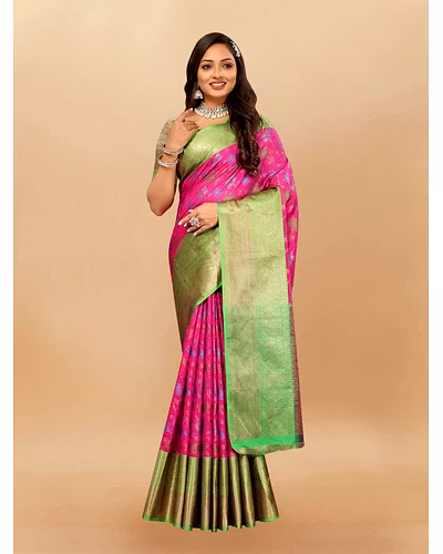 Soft Cotton Saree with Meenakari, Rich Zari Pallu, Contrast Border, Silk Weaving Blouse-Pink-2