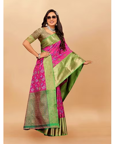 Soft Cotton Saree with Meenakari, Rich Zari Pallu, Contrast Border, Silk Weaving Blouse-Pink-3