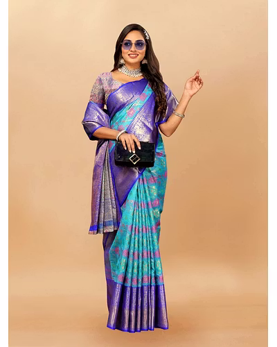 Soft Cotton Saree with Meenakari, Rich Zari Pallu, Contrast Border, Silk Weaving Blouse-Rama-1