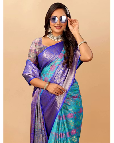 Soft Cotton Saree with Meenakari, Rich Zari Pallu, Contrast Border, Silk Weaving Blouse-Rama-3