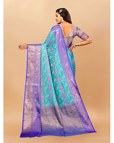 Soft Cotton Saree with Meenakari, Rich Zari Pallu, Contrast Border, Silk Weaving Blouse-Rama-4