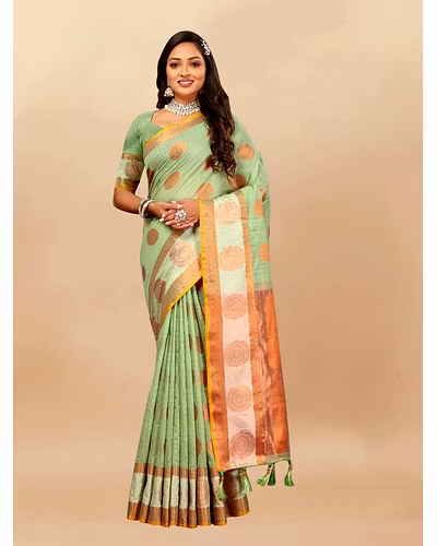 Soft Cotton Saree with Rich Zari Weaving Pallu, Contrast Border, and Silk Blouse Piece-RMNX-288-Pista