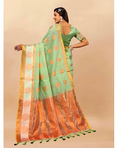 Soft Cotton Saree with Rich Zari Weaving Pallu, Contrast Border, and Silk Blouse Piece-Pista-2