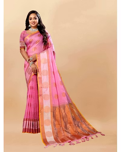 Soft Cotton Saree with Rich Zari Weaving Pallu, Contrast Border, and Silk Blouse Piece-RMNX-288-Pink