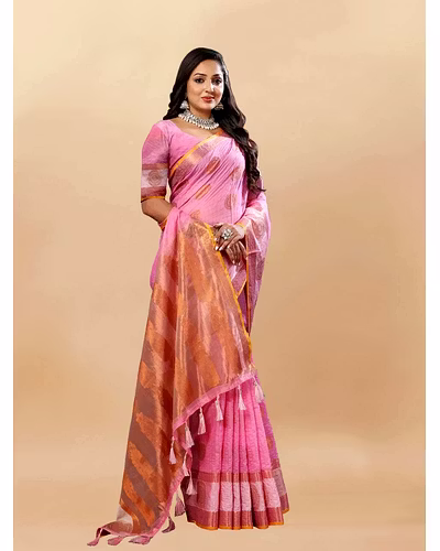 Soft Cotton Saree with Rich Zari Weaving Pallu, Contrast Border, and Silk Blouse Piece-Pink-1