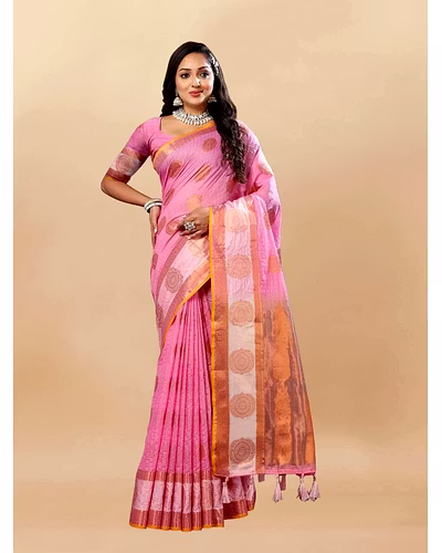 Soft Cotton Saree with Rich Zari Weaving Pallu, Contrast Border, and Silk Blouse Piece-Pink-2