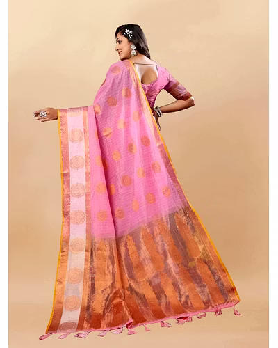 Soft Cotton Saree with Rich Zari Weaving Pallu, Contrast Border, and Silk Blouse Piece-Pink-4