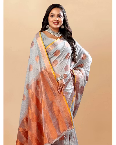 Soft Cotton Saree with Rich Zari Weaving Pallu, Contrast Border, and Silk Blouse Piece-Grey-2