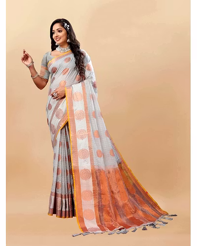 Soft Cotton Saree with Rich Zari Weaving Pallu, Contrast Border, and Silk Blouse Piece-Grey-3