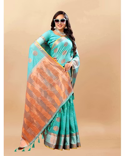 Soft Cotton Saree with Rich Zari Weaving Pallu, Contrast Border, and Silk Blouse Piece-RMNX-288-Rama