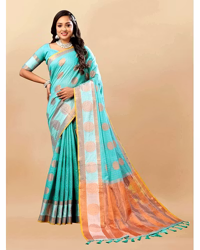 Soft Cotton Saree with Rich Zari Weaving Pallu, Contrast Border, and Silk Blouse Piece-Rama-1