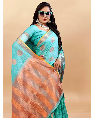 Soft Cotton Saree with Rich Zari Weaving Pallu, Contrast Border, and Silk Blouse Piece-Rama-3