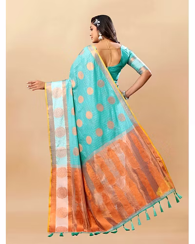 Soft Cotton Saree with Rich Zari Weaving Pallu, Contrast Border, and Silk Blouse Piece-Rama-4