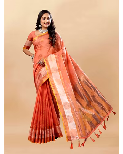 Soft Cotton Saree with Rich Zari Weaving Pallu, Contrast Border, and Silk Blouse Piece-RMNX-288-Orange