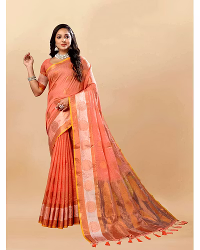 Soft Cotton Saree with Rich Zari Weaving Pallu, Contrast Border, and Silk Blouse Piece-Orange-2