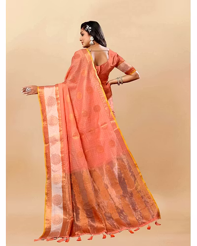 Soft Cotton Saree with Rich Zari Weaving Pallu, Contrast Border, and Silk Blouse Piece-Orange-3