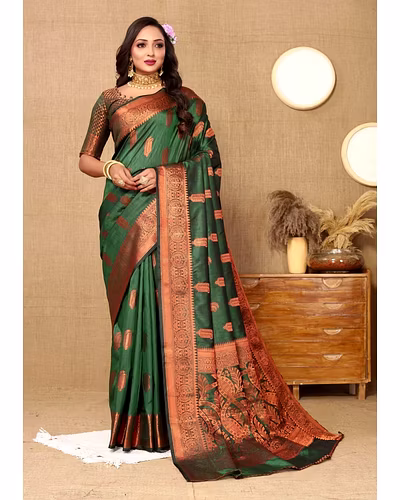 Soft Katan Silk Saree with Copper Zari Weaving Design and Rich Zari Pallu-RMNX-290-Green