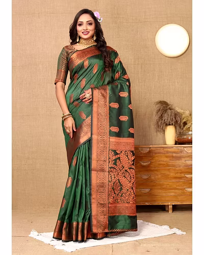 Soft Katan Silk Saree with Copper Zari Weaving Design and Rich Zari Pallu-Green-1