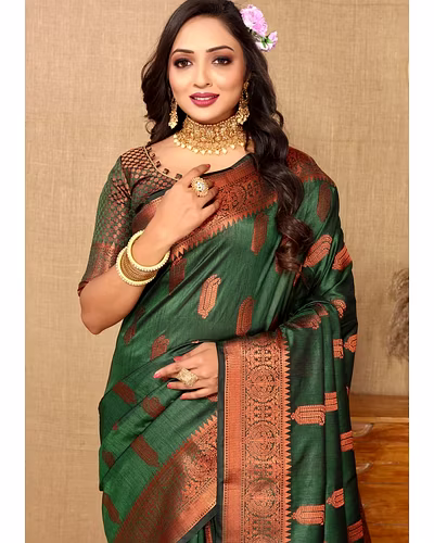 Soft Katan Silk Saree with Copper Zari Weaving Design and Rich Zari Pallu-Green-2
