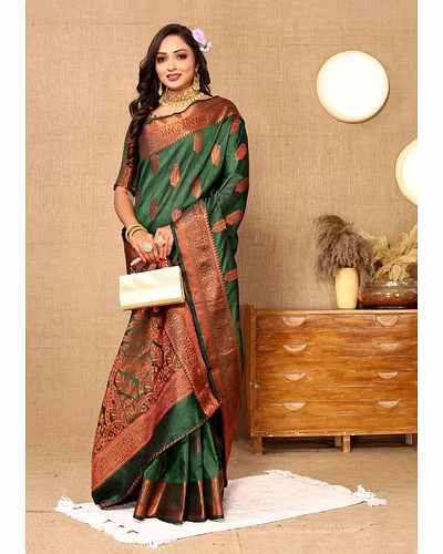 Soft Katan Silk Saree with Copper Zari Weaving Design and Rich Zari Pallu-Green-3