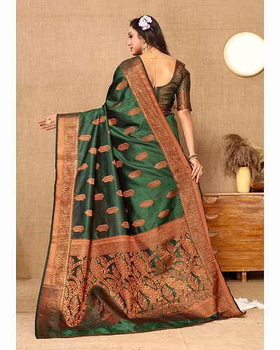 Soft Katan Silk Saree with Copper Zari Weaving Design and Rich Zari Pallu-Green-4
