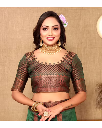 Soft Katan Silk Saree with Copper Zari Weaving Design and Rich Zari Pallu-Green-5
