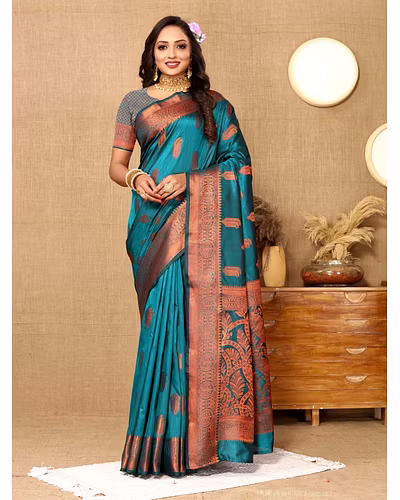 Soft Katan Silk Saree with Copper Zari Weaving Design and Rich Zari Pallu-RMNX-290-Firozi