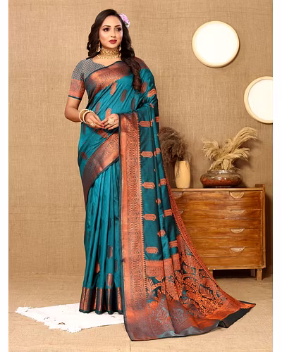 Soft Katan Silk Saree with Copper Zari Weaving Design and Rich Zari Pallu-Firozi-1