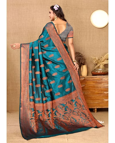 Soft Katan Silk Saree with Copper Zari Weaving Design and Rich Zari Pallu-Firozi-2