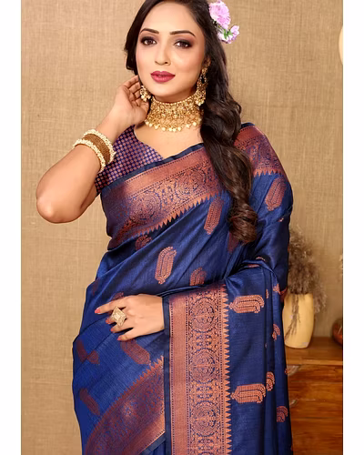 Soft Katan Silk Saree with Copper Zari Weaving Design and Rich Zari Pallu-Navy Blue-2