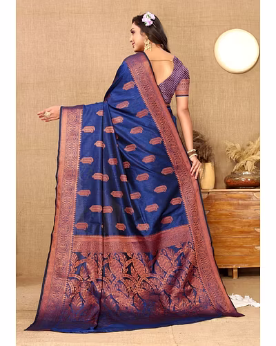 Soft Katan Silk Saree with Copper Zari Weaving Design and Rich Zari Pallu-Navy Blue-3